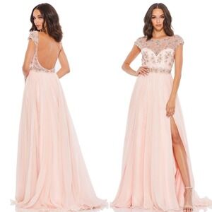Mac Duggal Blush Pink Cap Sleeve Embellished Chiffon Backless A-Line Gown Size 8